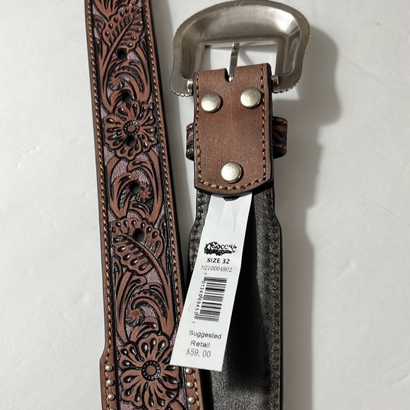 NWOT Nocona floral tooled studded tapered leather Western belt N210004802 sz 32 - Picture 3 of 6